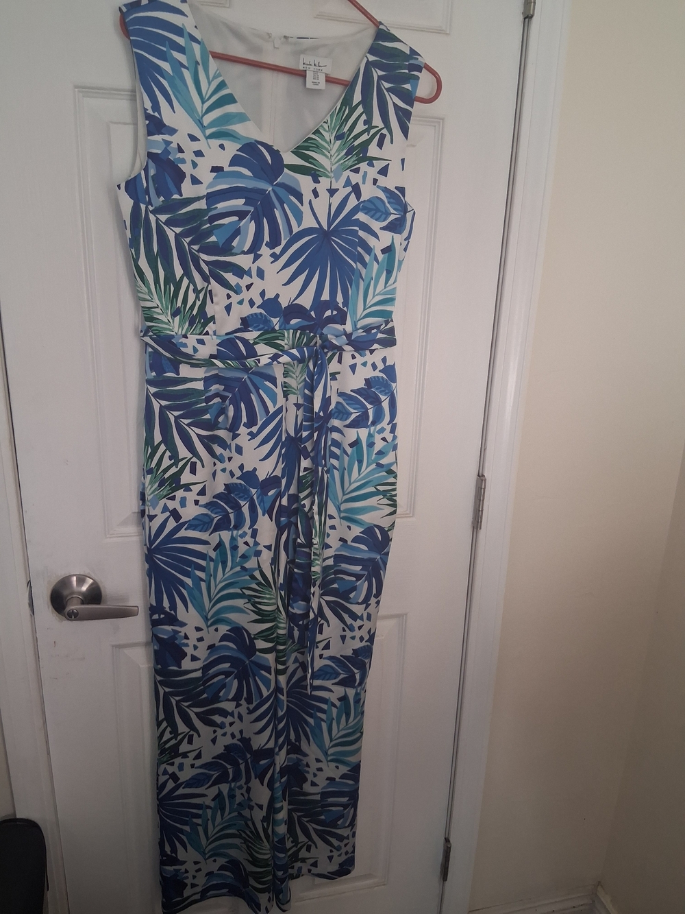 Nicole Miller Blue & Green Tropical Print Sleeveless Jumpsuit